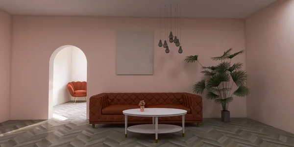 Living room interior design, plant 3d render, 3d illustration