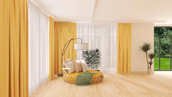 Living room interior design, plant 3d render, 3d illustration