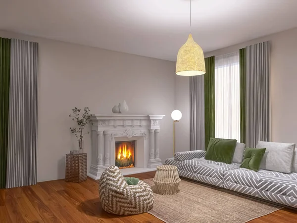 Living Room Interior Fireplace Render Illustration — Stock Photo, Image