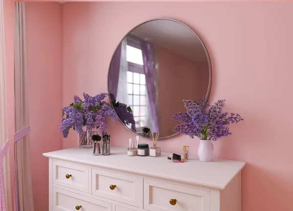 Room Interior Mirror Flowers Render Illustration — Stock Photo, Image