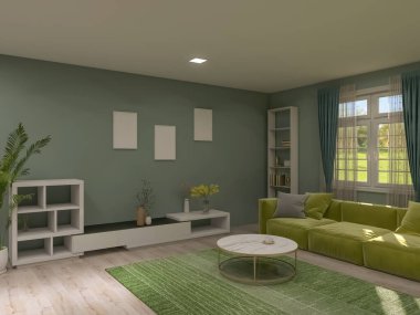 Living room interior 3d render, 3d illustration
