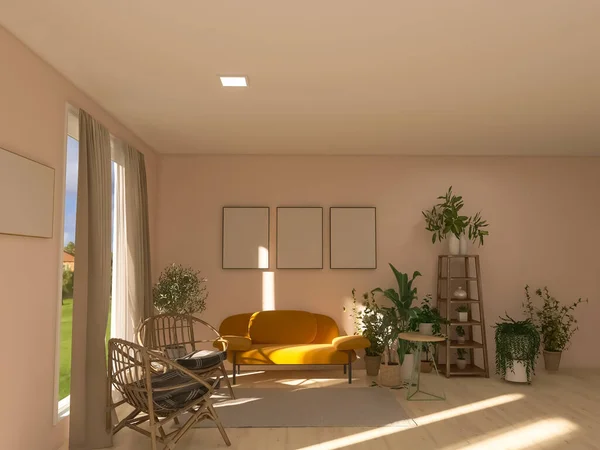 Living room interior 3d render, 3d illustration