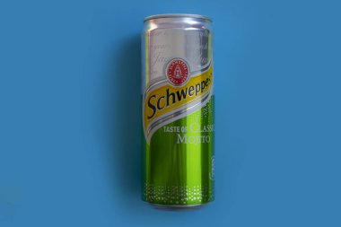 22 Mayıs 2023 Ukrayna şehri Kyiv renkli bir arka planda klasik mojito içti.