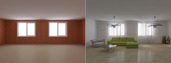 3Dレンダリング前と後のアパートの改装 — ストック写真