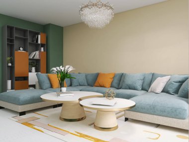Living room interior 3d render, 3d illustration