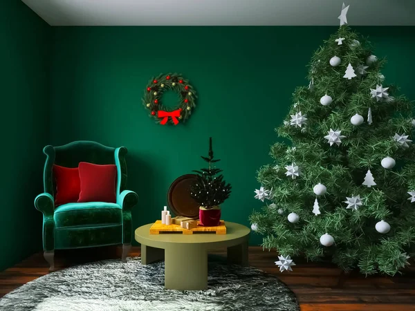 Wnętrze Pokoju Bożego Narodzenia Renderowanie Ilustracja — Zdjęcie stockowe