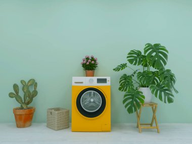 Çamaşır makinesi, saksı, 3D çizim, 3D resim