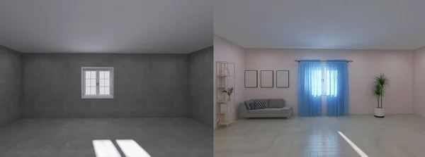 リニューアル前と後のリビングルーム3Dレンダリング 3Dイラスト — ストック写真