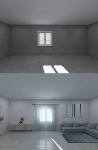 リニューアル前と後のリビングルーム3Dレンダリング 3Dイラスト — ストック写真