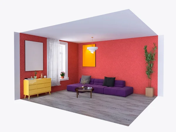 リビングルームのデザイン3Dレンダリング 3Dイラスト — ストック写真