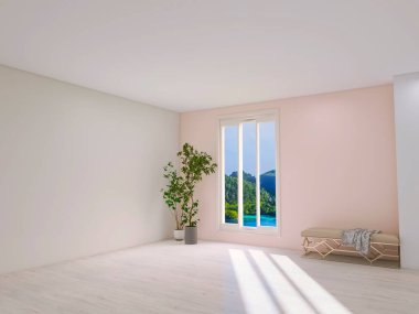 Boş oda, koltuk, 3D çizim, 3D resim