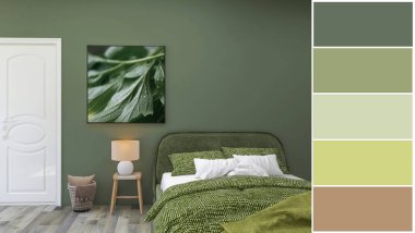 Yatak odası tasarımı, renk paleti 3 boyutlu çizim, 3 boyutlu illüstrasyon