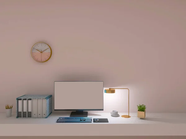 部屋のインテリア コンピュータ3Dレンダリング付きのデスクトップ 3Dイラスト — ストック写真