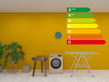 Çamaşır makinesi, enerji tasarrufu sınıfı 3D çizim, 3D illüstrasyon