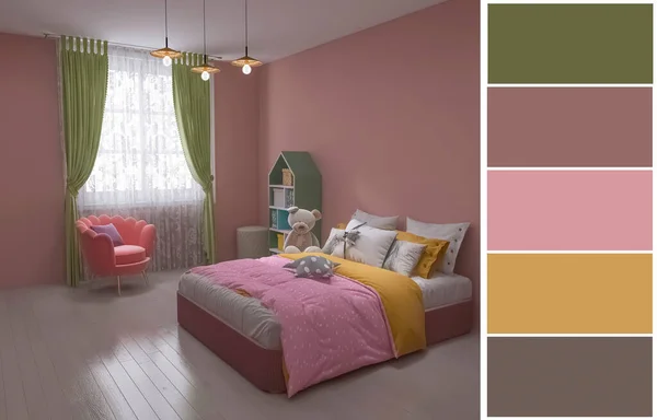 Interior Kamar Anak Anak Render Ilustrasi Warna Swatch Stok Foto