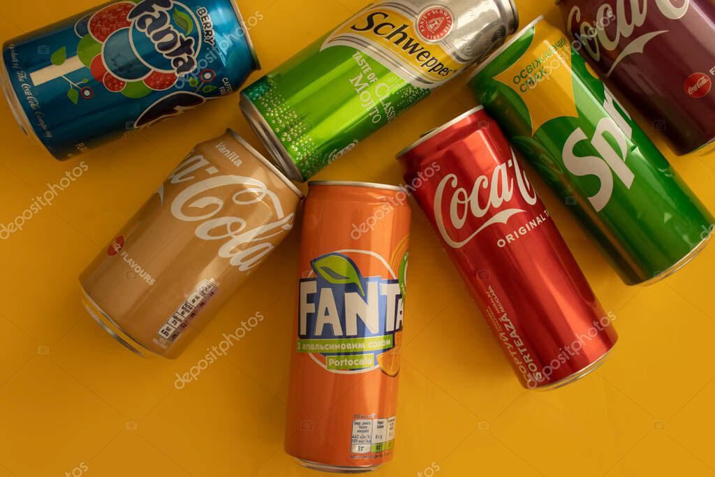 May 22, 2022 Ukraine city of Kyiv banks with drinks Fanta, Coca Cola, Sprite, Schweppers