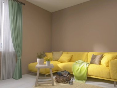 Oturma odasındaki kanepenin iç döşemesi 3D görüntü.