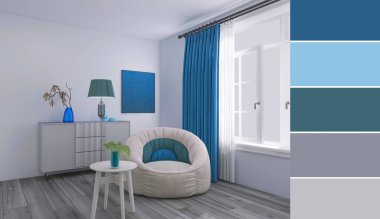 Oturma odasının iç dekorasyonu, 3 boyutlu çizim, renk örnekleri