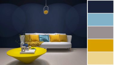 Oturma odasının iç dekorasyonu, 3 boyutlu çizim, renk örnekleri