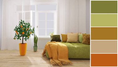 Oturma odasının iç dekorasyonu, 3 boyutlu çizim, renk örnekleri