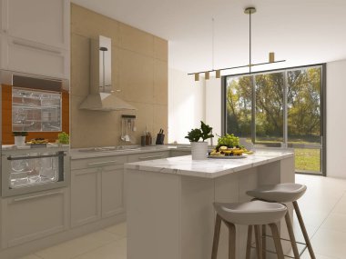 Kitchen interior design 3d render, 3d illustration