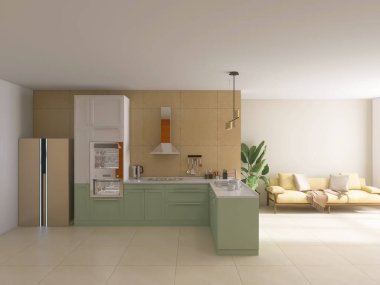Kitchen interior design 3d render, 3d illustration