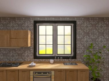 Kitchen interior design 3d render, 3d illustration