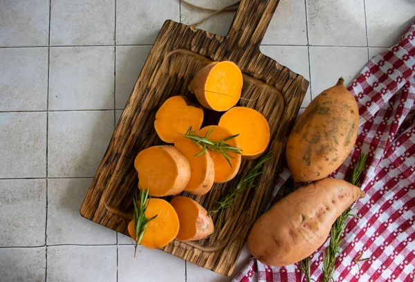 Raw Sliced Sweet Potato Old Background — Stock Photo, Image