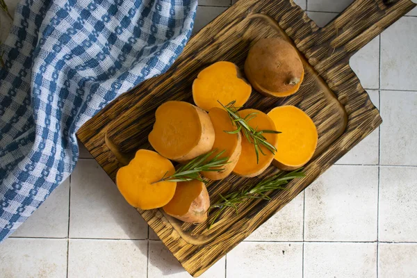 Raw Sliced Sweet Potato Old Background — Stock Photo, Image