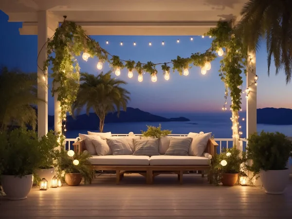 Outdoor terrace interior design, flowerpot 3d render,3d illustration