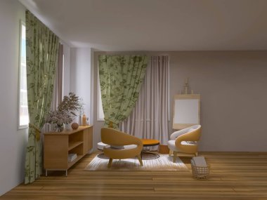 Oturma odası iç tasarımı, koltuk 3D tasarımı, 3D çizim