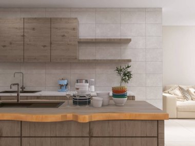 Mutfak iç tasarımı, cihazlar, mutfak eşyaları 3D tasarım, 3D illüstrasyon