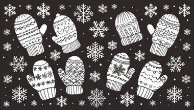 Boyama sayfası, kar tanesi, örgü eldivenler.