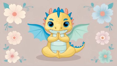 şirin çizgi film ejderhası, yoga pozu, çiçekler, düz tasarım çizimler