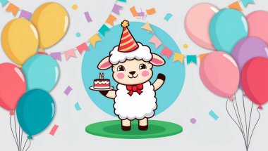 Pastalı şirin koyunlar, doğum günü düz tasarım çizimleri.