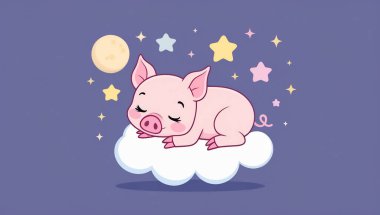 Küçük çizgi film domuzu bulutların üstünde uyuyor, düz dizayn çizimi.