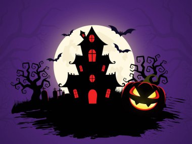 Cadılar Bayramı Satış Partisi Web Afişi Perili Ev, yarasalar ve balkabaklarıyla Korkunç Gece Teması. Web siteleri, reklamlar ve online promosyonlar için harika..