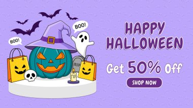 Cadılar bayramı indirimi pankartı, balkabaklı, yarasalı ve ürkütücü dekorlu ürkütücü elementler. Sosyal medya, reklamlar ve online promosyonlar için mükemmel..