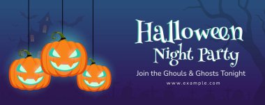 Cadılar Bayramı Partisi Davetiyesi Dijital Tasarım Sancağı. Kabaklı, yarasalı ve ürkütücü dekorlu Ürkütücü elementler. Sosyal medya, reklamlar ve online promosyonlar için mükemmel..