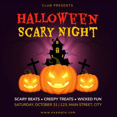 Cadılar Bayramı Partisi Davetiyesi Dijital Tasarım Sancağı. Kabaklı, yarasalı ve ürkütücü dekorlu Ürkütücü elementler. Sosyal medya, reklamlar ve online promosyonlar için mükemmel..