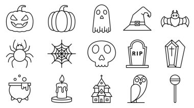 Cadılar Bayramı Simgesi Çizgisi Sanat Koleksiyonu, Hayalet, Cadı Şapkası, Yarasa, Örümcek, Kafatası, Lanetli Ev, Lolipop ve Ürkütücü Semboller. Balkabağı, hayalet, cadı şapkası, yarasa desenli Cadılar Bayramı ikonu.