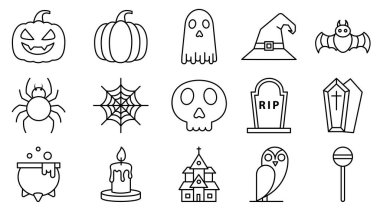Cadılar Bayramı Simgesi Çizgisi Sanat Koleksiyonu, Hayalet, Cadı Şapkası, Yarasa, Örümcek, Kafatası, Lanetli Ev, Lolipop ve Ürkütücü Semboller. Balkabağı, hayalet, cadı şapkası, yarasa desenli Cadılar Bayramı ikonu.