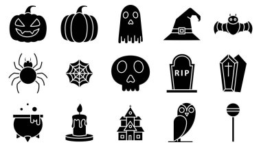Cadılar Bayramı Sembol Kümesi. Balkabağı, hayalet, yarasa, örümcek, kafatası, tabut, kazan, mezar taşı, perili ev, baykuş, lolipop ve ürkütücü tasarımlar içeren sağlam Cadılar Bayramı simgesi koleksiyonu..