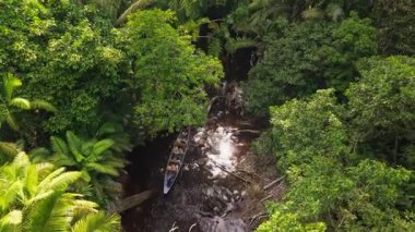Amazon yağmur ormanlarının dokunulmamış güzelliğini deneyimleyen turistler, sularında kanoyla dolaşırken, yemyeşil bir nehir çevresini sarar..
