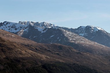 Nevis Sıradağları açık bir günde. Önde Aonach Mor yamaçları, arkasında Ben Nevis 'in zirvesiyle Carm Mor Dearg. Lochaber, İskoçya.