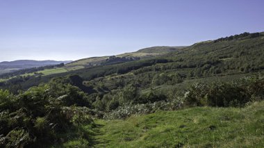 Güneşli gün manzarası batıdan kampüslere ve Strathblane tepelerine, NS 612 801 'den Crow Yolu' na, B822 'ye, Lennoxtown, Doğu Dunbartonshire, Orta İskoçya' ya.,