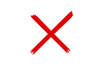 Katı, elle çizilmiş, fırça darbelerine sahip kırmızı bir 'X' sembolü, saf beyaz arkaplanın merkezine hükmediyor ve net bir olumsuzluk veya hata işareti taşıyor..