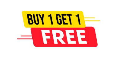 İki açılı işaretli canlı bir grafik, biri 'BUY 1 Get 1' yazılı sarı ve aşağıdaki 'FREE' li kırmızı olan, özel bir satış promosyonunu gösteriyor.