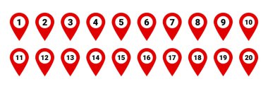 İki yatay sırada sunulan yirmi tane numaralandırılmış kırmızı harita iğnesinin görsel bir temsili. Her bir pin, navigasyon ve konumları belirlemek için kullanılan belirgin bir işarettir..