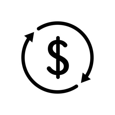 Yuvarlak bir okun içinde dolar işareti olan minimalist bir siyah beyaz simge. Bu grafik finansal işlemleri, döviz kurunu ve sürekli para akışını temsil ediyor..